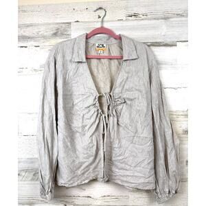 Future Collective Womens XXL Gray Linen Blend Tie Front Boho Blouse Top